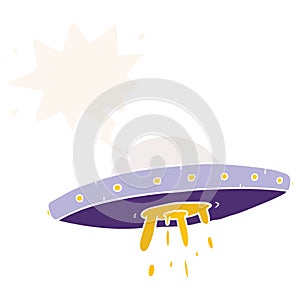 A creative cartoon flying UFO and speech bubble in retro style