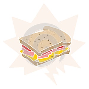 A creative cartoon ham cheese tomato sandwich and speech bubble in retro style