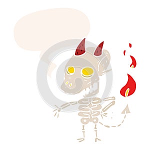 A creative cartoon spooky skeleton demon and speech bubble in retro style