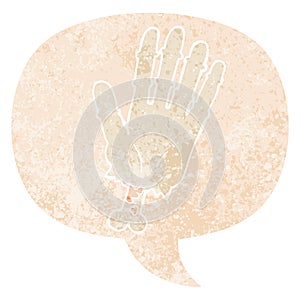 A creative cartoon zombie hand and speech bubble in retro textured style