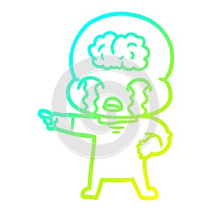 A creative cold gradient line drawing cartoon big brain alien crying and pointing