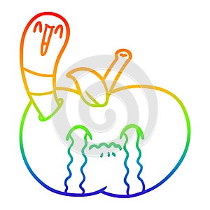 A creative rainbow gradient line drawing cartoon worm eating an apple