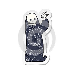 A creative retro distressed sticker of a cartoon waving halloween ghoul