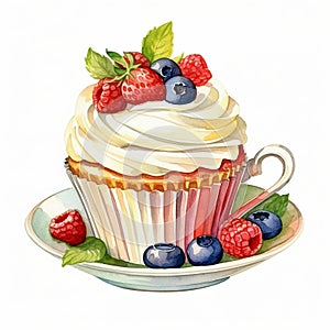 Original cupcake with cream and berries on a white background. Edible cup idea. Culinary art. Watercolor hand drawn illustration