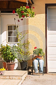 The original decoration of the facade of the house, flowers in pots