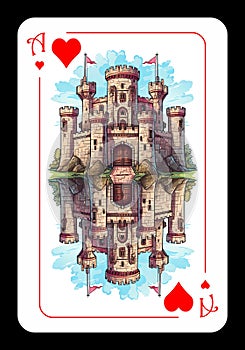 Original design of the ace of hearts. Ace of clubs with the image of a medieval castle