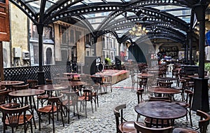 Original design of a covered terrace of a street cafe in center of Lviv, Ukraine