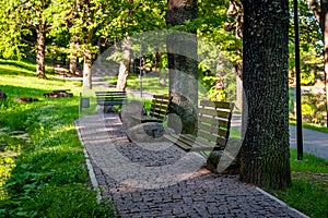 Original design infrastructure object in the city park wooden benches on large stones