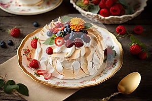 original dessert meringue cake with berries on plate