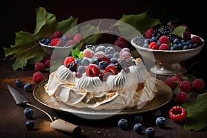 original dessert meringue cake with berries on plate
