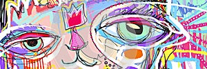 original digital abstract painting of eyes and crown, contemporary artwork vector illustration
