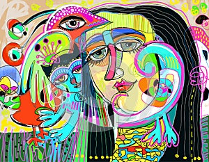 Original digital art composition of women face, bird and red cat