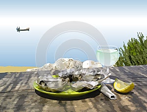 Original Digital Art Il de Ré Oysters,white wine & boat