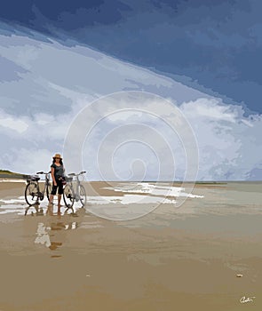 Original Digital Art Two bicycles and a lady on beach in Il de Re