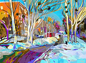 Original digital painting of winter cityscape.