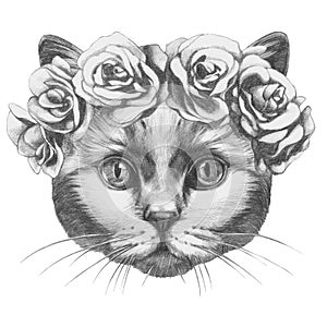 Original drawing of Cat with roses.