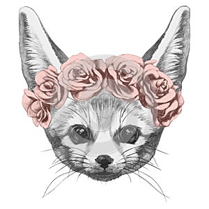 Original drawing of Fennec Fox with roses.