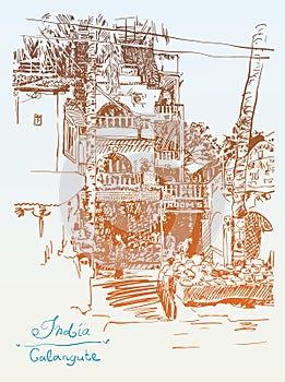 Original drawing of India Goa Calangute Baga landscape street