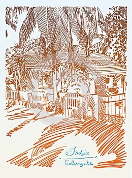 Original drawing of India Goa Calangute Baga landscape street