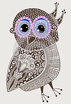 Original ethnic decorative owl ink hand drawing