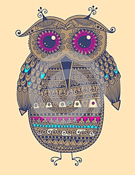 Original ethnic owl ink drawing, vector illustration