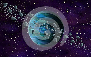 Original Exotic fantasy blue Alien Planet with asteroid belt around it. photo