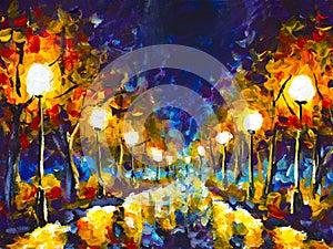 Original expressionism oil painting evening park cityscape, beautiful reflection on wet asphalt on canvas. Abstract violet-orange