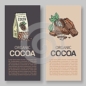 The original finest chocolate vector packaging design label. Typography and cocoa powder pack and cocoa branch with