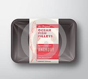 The Original Fish Fillets Abstract Vector Packaging Design Label on Plastic Tray with Cellophane Cover. Modern