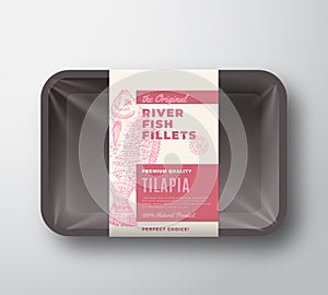 The Original Fish Fillets Abstract Vector Packaging Design Label on Plastic Tray with Cellophane Cover. Modern