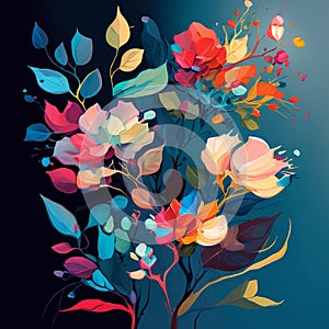 Original floral design with exotic flowers and tropic leaves. Colorful flowers on blue background