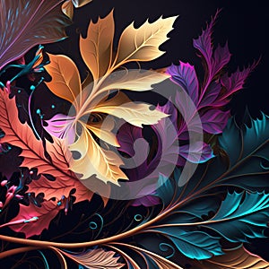 Original floral design with exotic flowers and tropic leaves. Colorful flowers on dark background