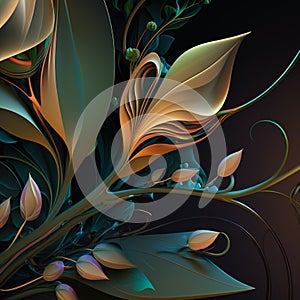 Original floral design with exotic flowers and tropic leaves. Colorful flowers on dark background