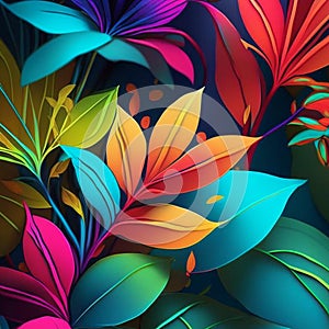 Original floral design with exotic flowers and tropic leaves. Colorful flowers on dark background