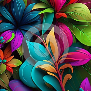 Original floral design with exotic flowers and tropic leaves. Colorful flowers on dark background