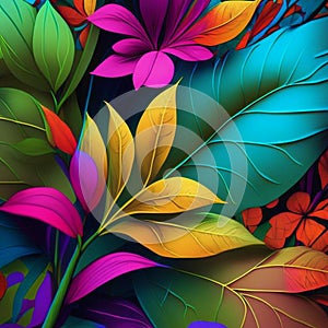 Original floral design with exotic flowers and tropic leaves. Colorful flowers on dark background