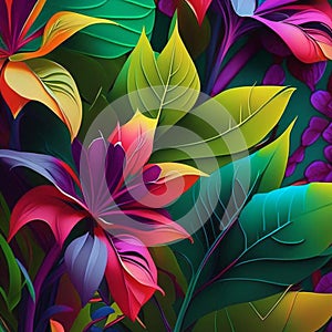 Original floral design with exotic flowers and tropic leaves. Colorful flowers on dark background