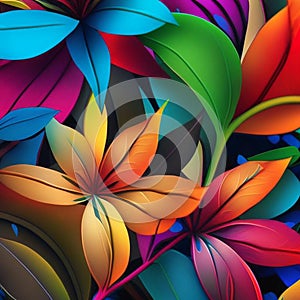 Original floral design with exotic flowers and tropic leaves. Colorful flowers on dark background
