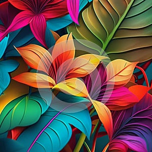 Original floral design with exotic flowers and tropic leaves. Colorful flowers on dark background