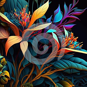 Original floral design with exotic flowers and tropic leaves. Colorful flowers on dark background closeup