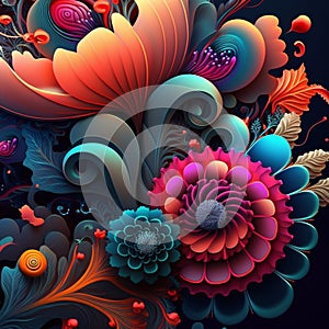Original floral design with exotic flowers and tropic leaves. Colorful flowers on dark background closeup