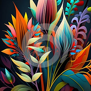 Original floral vibrant design with exotic flowers and tropic leaves. Colorful flowers on dark background