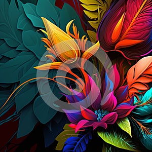 Original floral vibrant design with exotic flowers and tropic leaves. Colorful flowers on dark background