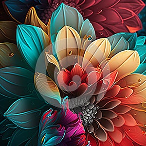 Original floral vibrant design with exotic flowers and tropic leaves. Colorful flowers on dark background