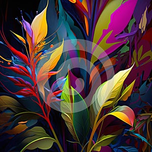 Original floral vibrant design with exotic flowers and tropic leaves. Colorful flowers on dark background