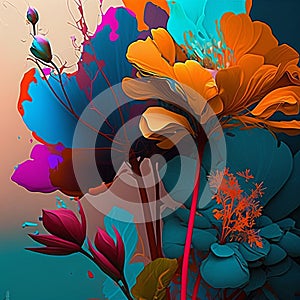 Original floral vibrant design with exotic flowers and tropic leaves. Colorful flowers on dark background