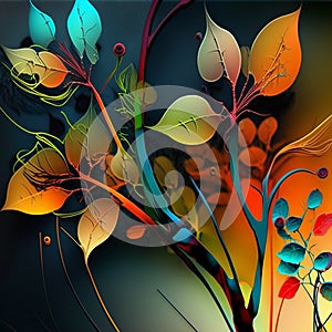 Original floral vibrant design with exotic flowers and tropic leaves. Colorful flowers on dark background