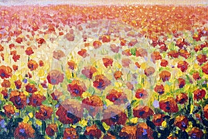 Original flower painting Field of red poppy wildflowers