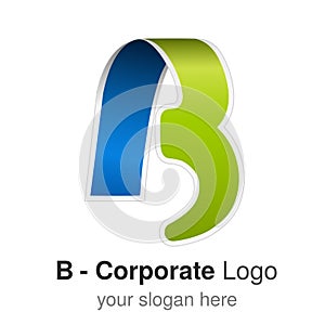 Original font alphabet. Letter B, corporate logo design, paper blue - green ribbon icon, origami