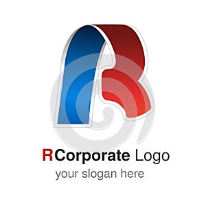 Original font alphabet. Letter R, corporate logo design, paper blue - red ribbon icon, origami